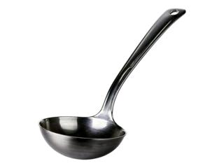 Sleek dark metal ladle isolated on white.  Perfect for culinary, kitchenware, or restaurant websites.  High-quality image showcasing simple elegance and functionality.