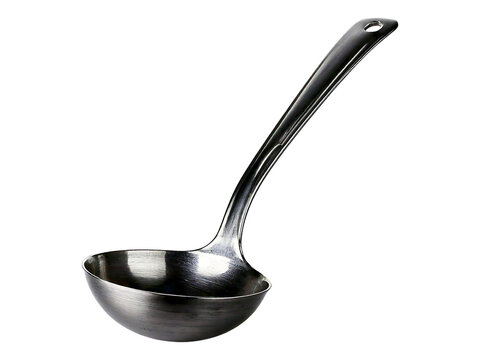 Sleek dark metal ladle isolated on white.  Perfect for culinary, kitchenware, or restaurant websites.  High-quality image showcasing simple elegance and functionality.