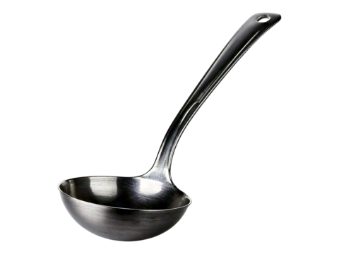 Sleek dark metal ladle isolated on white.  Perfect for culinary, kitchenware, or restaurant websites.  High-quality image showcasing simple elegance and functionality.