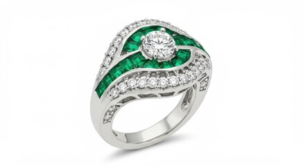 High-End Diamond Ring with Emerald Embellishments