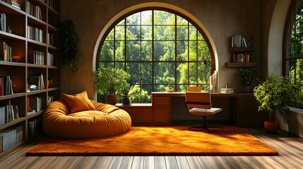 Fototapeta premium Cozy Home Office with Forest View