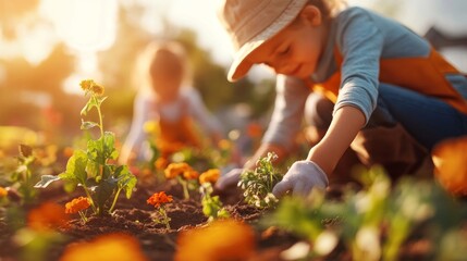 Young girl plants flowers in garden at sunset.