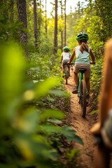 Obraz premium Kids biking on a trail in the woods. Sunny day, green forest, fun adventure!