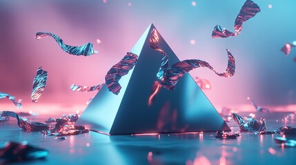 A polished metallic pyramid pierced by floating fragments of crinkled glowing foil ribbons