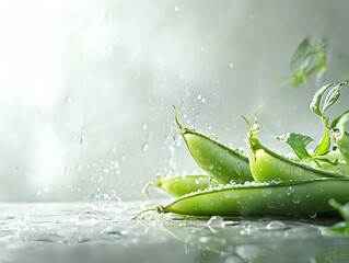 Fresh green peas being washed with droplets of water