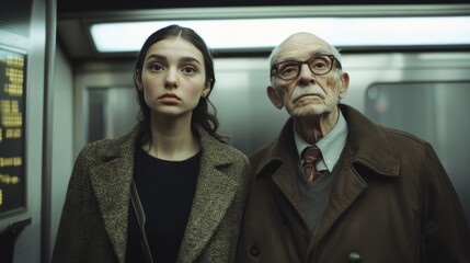 A young woman and an elderly man stand thoughtfully in an elevator, each lost in contemplation, highlighting generational contrast and introspection.