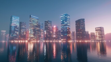 Obraz premium Tall skyscrapers dominate the cityscape, illuminated by colorful lights. The serene water below mirrors the buildings, creating a tranquil ambiance during dusk