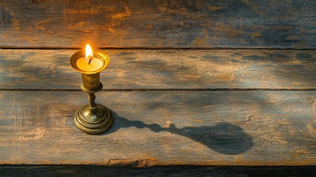 A single candle casts a warm glow on a wooden surface, creating a nostalgic ambiance, reminiscent of bygone eras and quiet reflection.