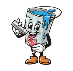 Cartoon mascot character Paint bucket is mixing a cocktail