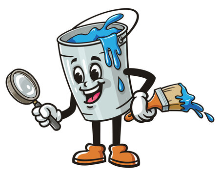 recommend clip art: Cartoon mascot character Paint bucket holding a magnifying glass