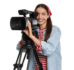 Happy woman with professional video camera on white background