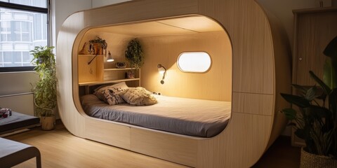 A modern bedroom showcasing a unique integrated wooden sleeping pod design