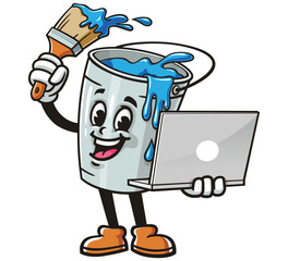 Cartoon mascot character Paint bucket holding a laptop