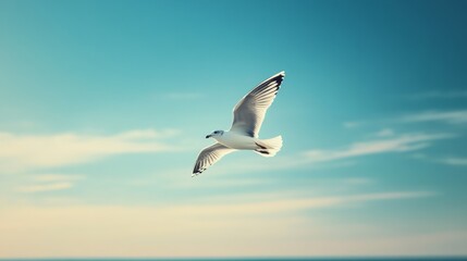 A seagull, wings spread wide, glides seamlessly through a pastel sky, embodying the essence of freedom.