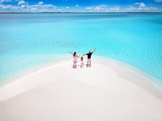 Aerial view of a happy family standing on a tropical paradise beach and enjoying their vacatios in the Caribbean Sea © moofushi