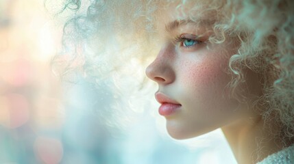 Fototapeta premium A close-up of a young woman with voluminous curly hair gazing thoughtfully into the distance. The soft light enhances her glowing skin and striking blue eyes, creating a serene atmosphere