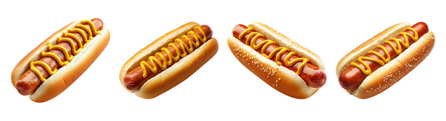 Delicious Hot Dogs with Mustard on Classic Buns for Food Lovers, PNG bundle collection, Isolated on Transparent Background
