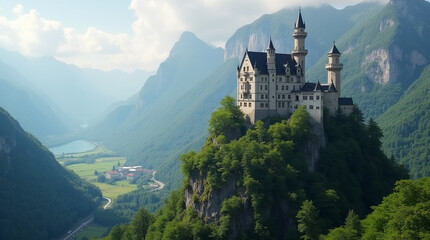 A breathtaking view of a grand castle perched atop a mountain, surrounded by lush greenery and rolling hills.