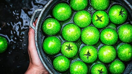   A black counter holds a bowl brimming with green apples next to a person's outstretched hand, cradling an identical bowl