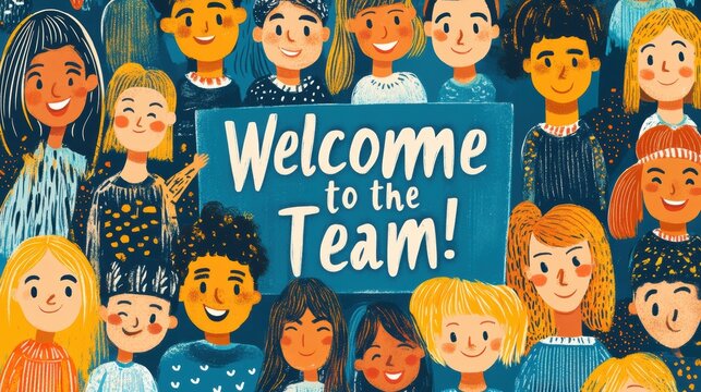 A vibrant, illustrated welcome banner, featuring smiling faces holding the words, "Welcome to the Team!" A welcoming gesture, ready to greet new members with warmth and enthusiasm.