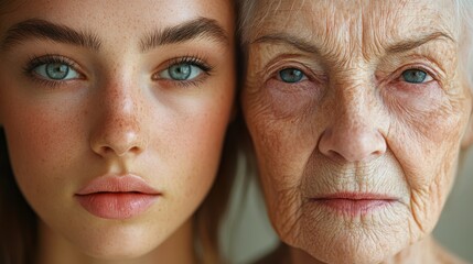 A split image captures the contrasting beauty of two faces: the smooth, youthful glow of a woman face with ageless skin, juxtaposed against the texture and lines that tell stories of time and