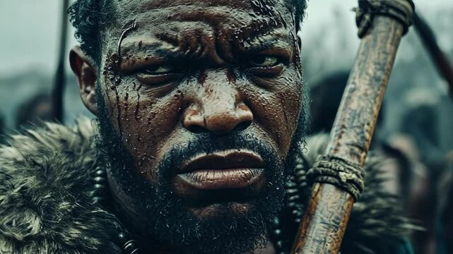 Intense warrior focused on battle preparation in a historical conflict setting