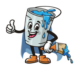 Cartoon mascot character Paint bucket with caped superhero style
