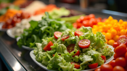 Colorful Salad Bar Buffet with Fresh Vegetables Tomatoes Lettuce Carrots Healthy Food