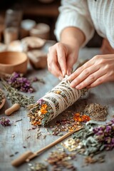 Woman's hands carefully crafting a smudge stick with dried herbs.