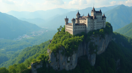 Naklejka premium A breathtaking view of a grand castle perched atop a mountain, surrounded by lush greenery and rolling hills.