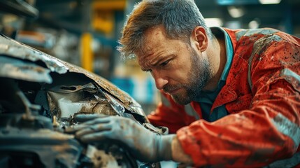 A close-up shot reveals the extent of the damage sustained by a dented and dented car, as a mechanic in a car service center meticulously examines the affected area, using tools and parts to restore