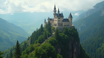 A breathtaking view of a grand castle perched atop a mountain, surrounded by lush greenery and rolling hills.
