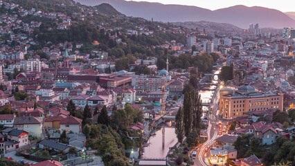 City view of Sarajevo from most popular panoramic spot in Sarajevo day to night timelapse.