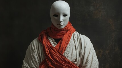 A figure cloaked in pristine white, a testament to discipline and dedication, their face concealed behind a mask of stoic determination. A red sash, a symbol of their commitment to their art, adorned