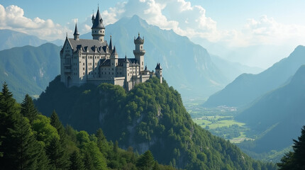 A breathtaking view of a grand castle perched atop a mountain, surrounded by lush greenery and rolling hills.