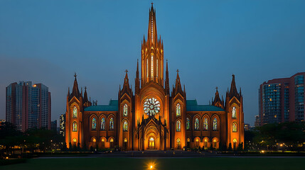 Obraz premium Gothic cathedral at dusk. Illuminated facade