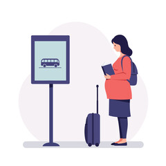 Woman waiting at a bus stop with luggage in flat vector art