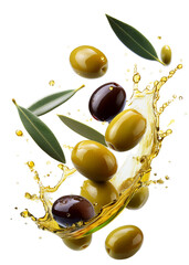 Green and black olives splashing with olive oil on transparent background