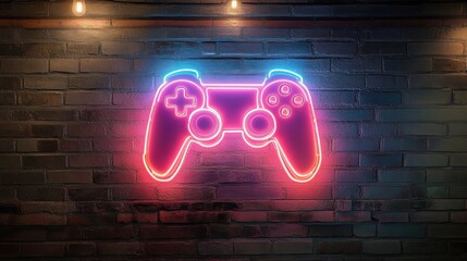 A vibrant neon sign, crafted in the shape of a game controller, joystick, or a hybrid of both, cast a playful glow onto the brick wall below, beckoning the viewer to enter a world of gaming and