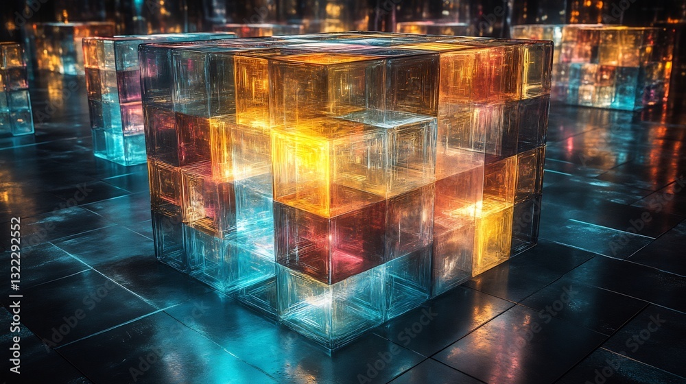 Wall mural conceptual vision of ai memories represented as glowing geometric prisms stacked infinitely constant