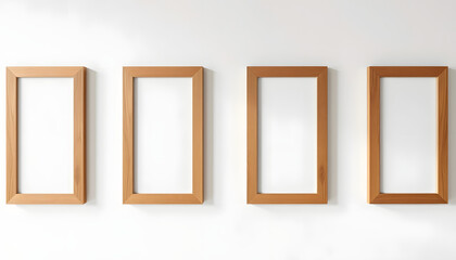 Picture frame mockup. Set of four vertical oak wooden frames on white wall. Templates for artwork, painting or poster, comic art. White tone