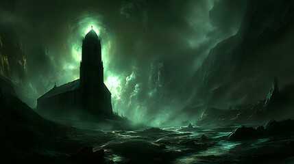 Obraz premium Dark gothic church in misty valley