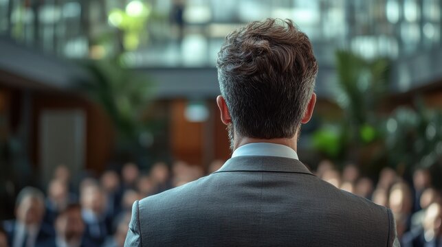 A businessman, his back to the viewer, exudes confidence as he addresses a sea of colleagues in a modern office, a power pose capturing the intensity of the business meeting.