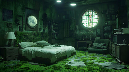 Decayed, mossy bedroom