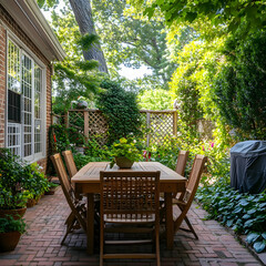 Elegant backyard patio with dining table, chairs, and lush greenery