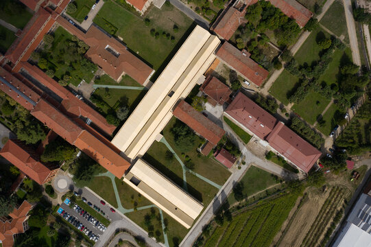 Aerial view of a hospital with modern and historic architecture blend