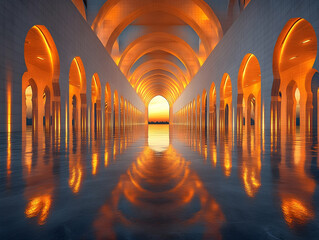 Grand mosque interior,  illuminated arches,  reflection on polished floor