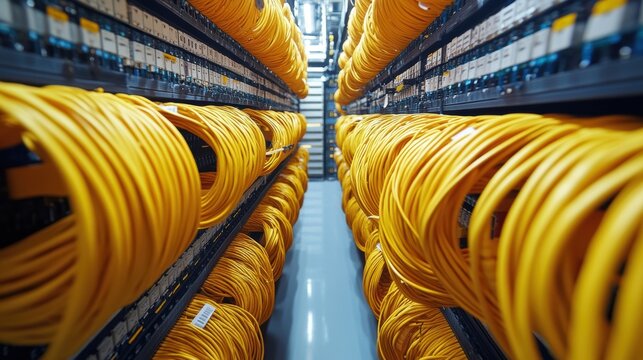 A meticulously organized patch panel, the heart of data path management, stands in sharp focus, its neatly bundled cables and labeled panels showcasing the intricate network infrastructure that