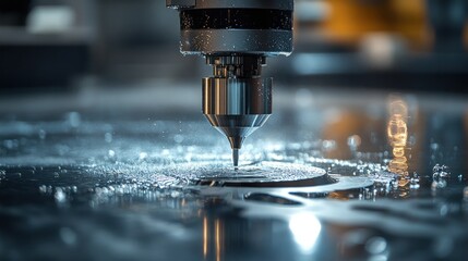 Metal drilling machine creating a splash in a modern factory setting
