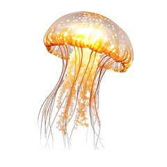 A glowing jellyfish floating gently in the deep ocean, casting a soft light through the water, isolated on white background.